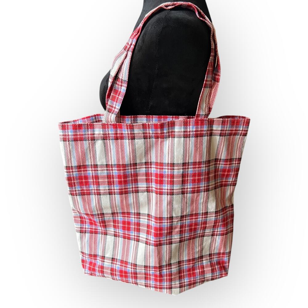 J. Crew RE-IMAGINED Red, White, & Light Blue Plaid 100% Cotton Tote Bag One Size - Picture 3 of 10